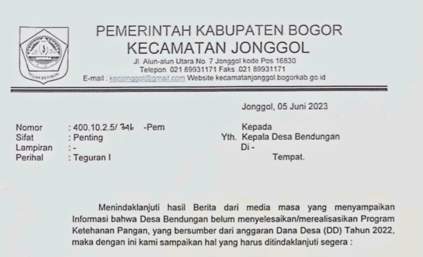 Surat Teguran Camat Jonggol